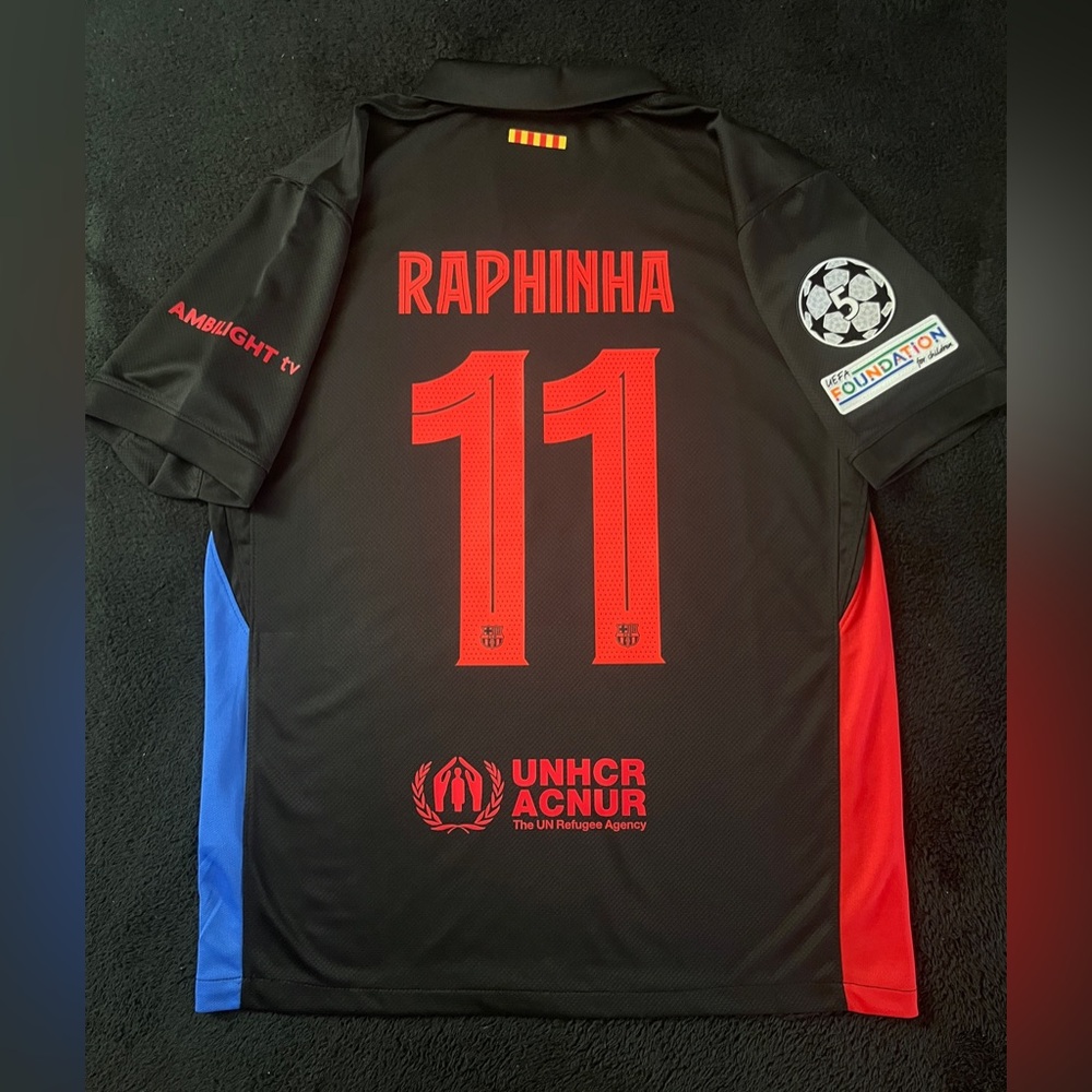 Raphinha #11 Barcelona Away UCL Black L Soccer Jersey 2025